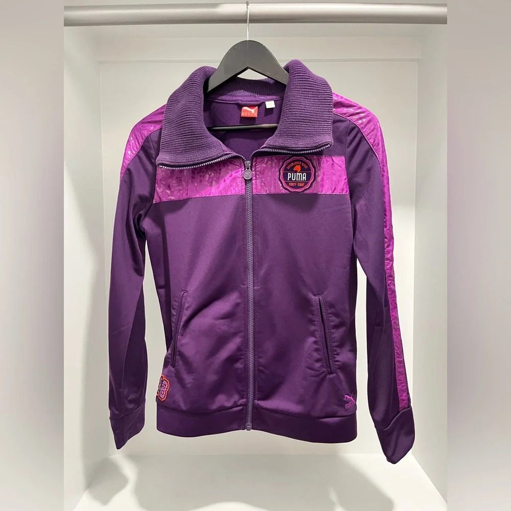 Puma 48 track jacket cheetah print purple cowl neck womens size medium